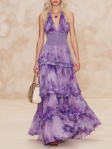 Halter-Neck V-Neck Printed Chiffon Maxi Dress