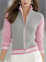 Stand Collar Zipper Contrast Color Knitted Cardigan