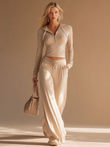 Casual And Comfortable Beige Hooded Top And Pants Set