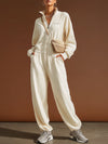 Sporty Retro Embroidered Beige Cotton Long-Sleeved Zipper Jumpsuit