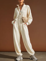 Sporty Retro Embroidered Beige Cotton Long-Sleeved Zipper Jumpsuit