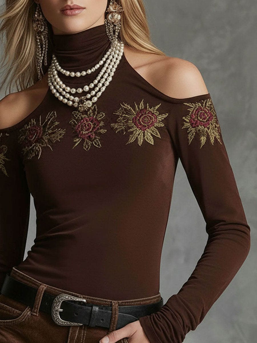High-neckoff-shoulder Rose-embroidered All-cotton Long-sleeved T-shirt