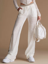 Sporty Retro Ribbon White Lace Long-Sleeved Top And Wide-Leg Pants Set
