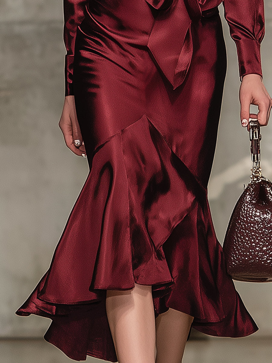 Elegant Angora Red V-neck Midi Dress With Bow Tie Detail