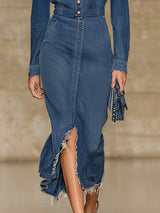 Elegant V-neck Button-down Frayed Denim Long-sleeved Midi Dress