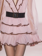 Elegant And Romantic Brown-trimmed V-neck Ruffled Pink Chiffon Mini Dress