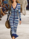 Stylish And Casual Button-down Blue Striped Knit Midi Dress