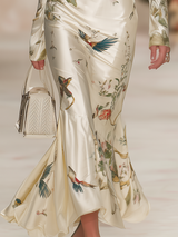 Square-Neck Long-Sleeved Printed Satin Maxi Dress