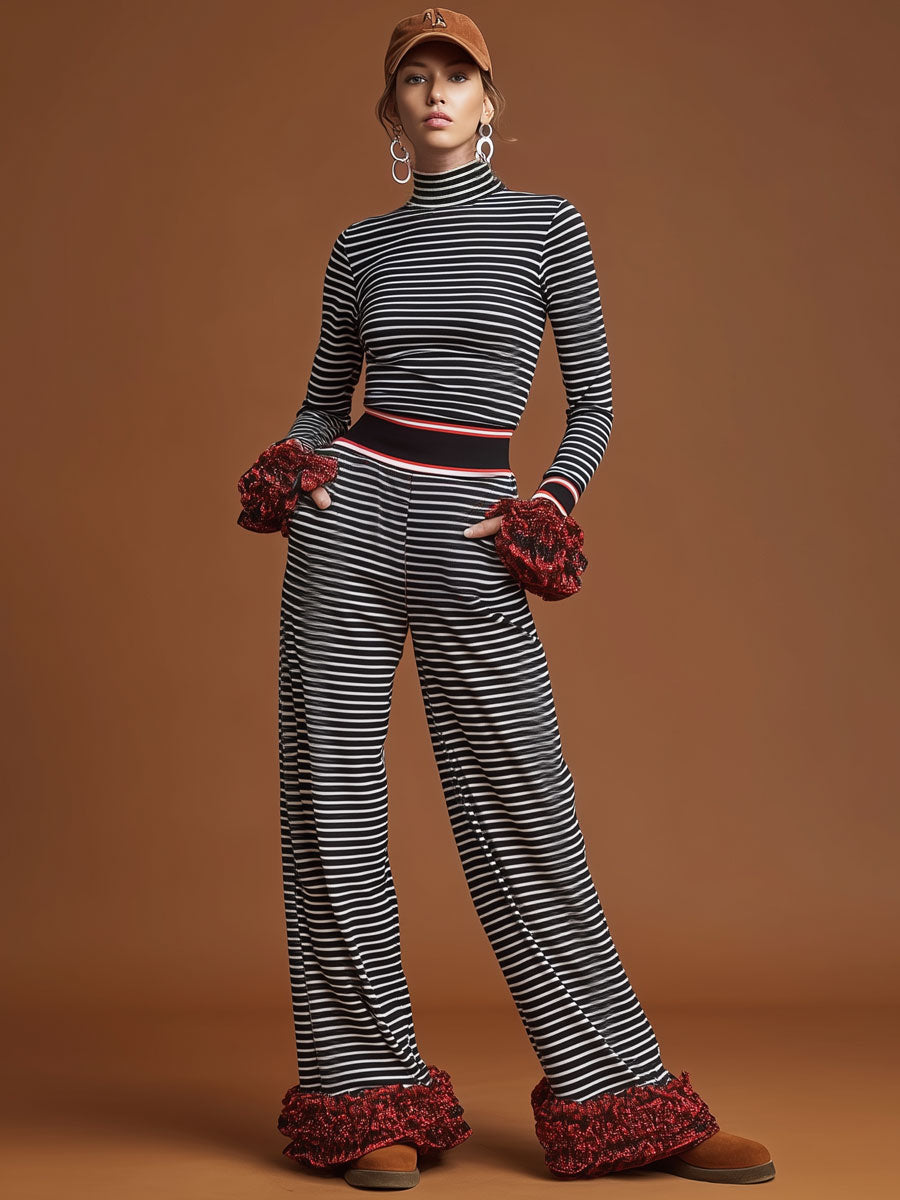 Sporty Retro Red Ruffled Black And White Striped T-shirt And Wide-Leg Pants Set