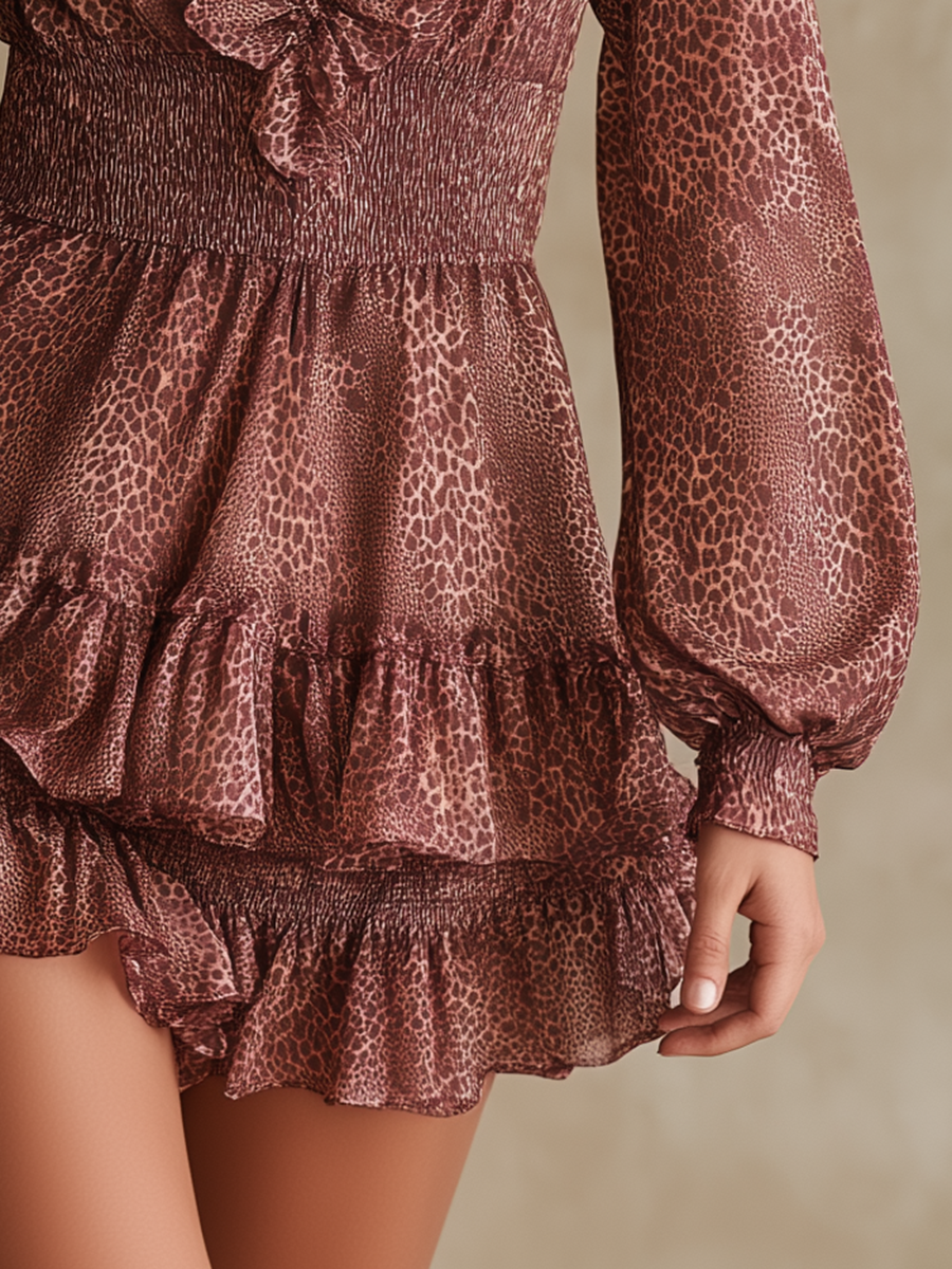 Stylish Retro V-neck Ruffled Leopard Print Chiffon Mini Dress