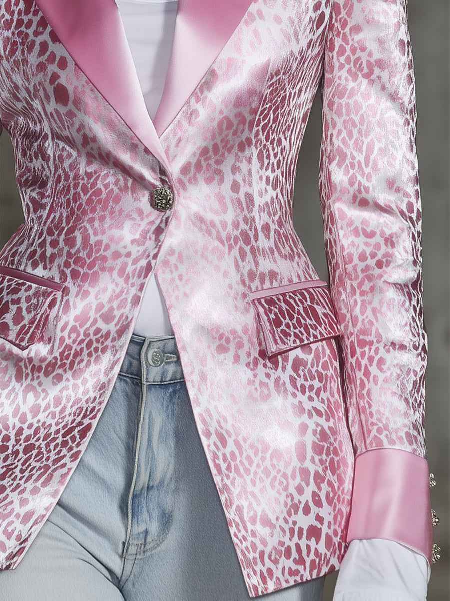 Stylish Pink SatinWith Leopard Print Collar And Solid Color Design Blazer