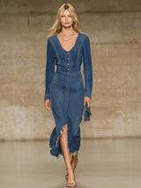 Elegant V-neck Button-down Frayed Denim Long-sleeved Midi Dress