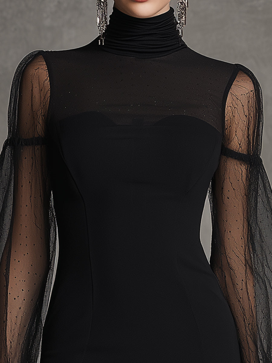 Elegant Black Knitted And Tulle Patchwork Mini Dress