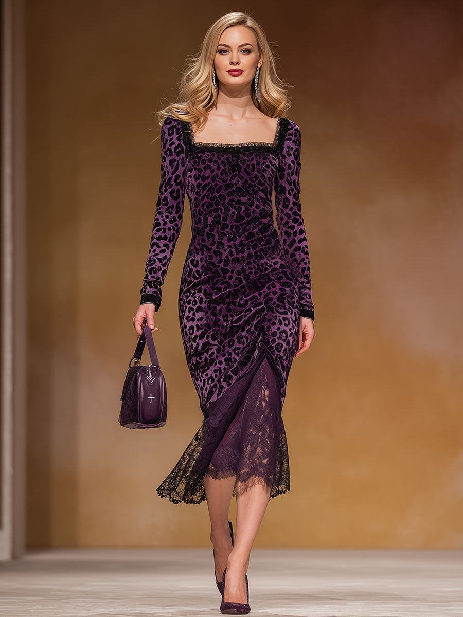 Stylish And Elegant Lace Purple Leopard Print Square-neck Midi Dress