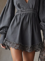 Stylish Gray Denim V-neck Off-the-shoulder Wide-sleeved Mini Dress