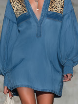 Lapel Collardenim And Leopard Print Patchwork Long-sleeved Mini Dress