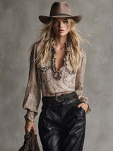 Vintage Western Ruffled V-neck Beige Leopard Print Suede Blouse Tops