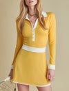 Polo Collar Color-block Ribbed Sporty Long-sleeved Mini Dress