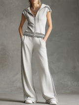 Sporty Black Striped Light Gray Sleeveless Hooded Sweatshirt And Wide-Leg Pants Set