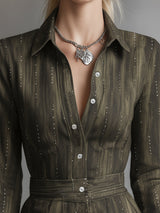 Vintage-inspired Rhinestone Olive Green Lapel Button-down Maxi Dress