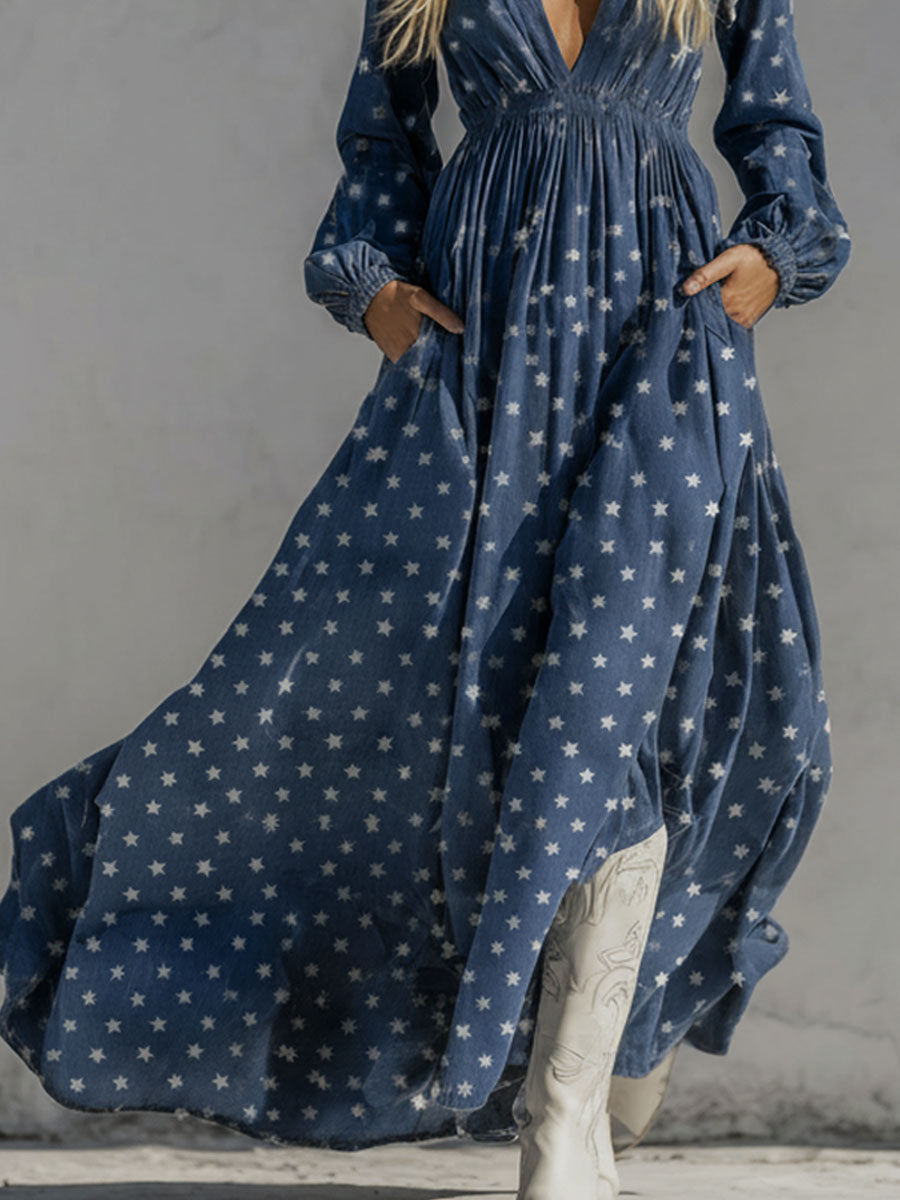 Retro V-neck Fitted Waist Star Denim Maxi Dress