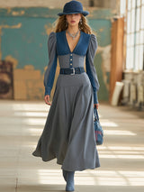 Retro Casual Denim V-neck Gray Maxi Dress