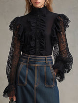 Fashionable Retro Black Lace Mesh Ruffled Long-sleeved Shirt