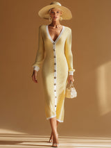 Stylish And Elegant White-trimmed Yellow V-neck Knitted Midi Dress