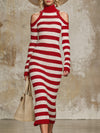 Stylish Knitted Red And White Striped Off-the-shoulder Maxi Dress