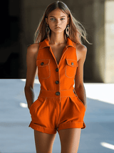 【24-hour shipping out】Casual Retro Orange Shirt Collar Sleeveless Jumpsuit