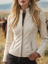 Retro Western Style Zippered White Faux Leather Jacket