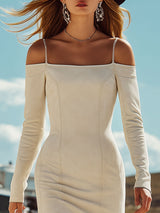 Western Retro Beige Faux Suede Long-Sleeved Off-Shoulder Tassel Midi Dress