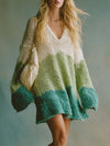 Elegant Comfortable Lazy V-neck Green And White Striped Color-block Knitted Mini Dress