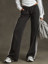 Sporty Retro Striped Black-White Long-sleeved Sweatshirt And Wide-leg Pants Set