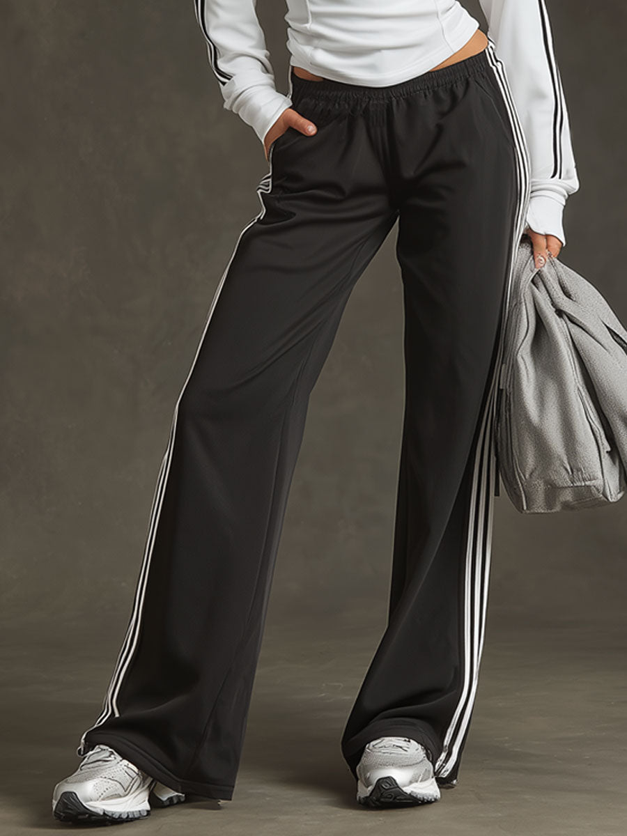 Sporty Retro Striped Black-White Long-sleeved Sweatshirt And Wide-leg Pants Set