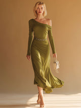 Stylish And Sexy One-shoulder Green Cotton Midi Dress