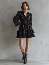 Elegant Vintage Ruffled Hem Lace Long Sleeves Gold Star Pattern Black Denim Mini Dress