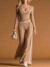 Stylish And Casual White-trimmed Brown V-neck Knit Top And Pants Set