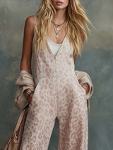Vintage Western V-neck Front-zipLeopard Print Light Pink Faux Suede Jumpsuit