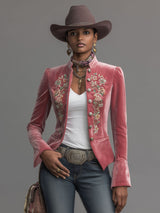 Western-style Stand-up Collar Single-breasted Floral Embroidered Velvet Jacket
