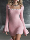 Romantic Square Neck Button Bell Sleeve Pink Seahorse Knit Mini Dress