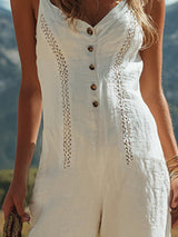 【24-hour shipping out】Women's White Linen Sleeveless Suspender Button Jumpsuit With Lace Design