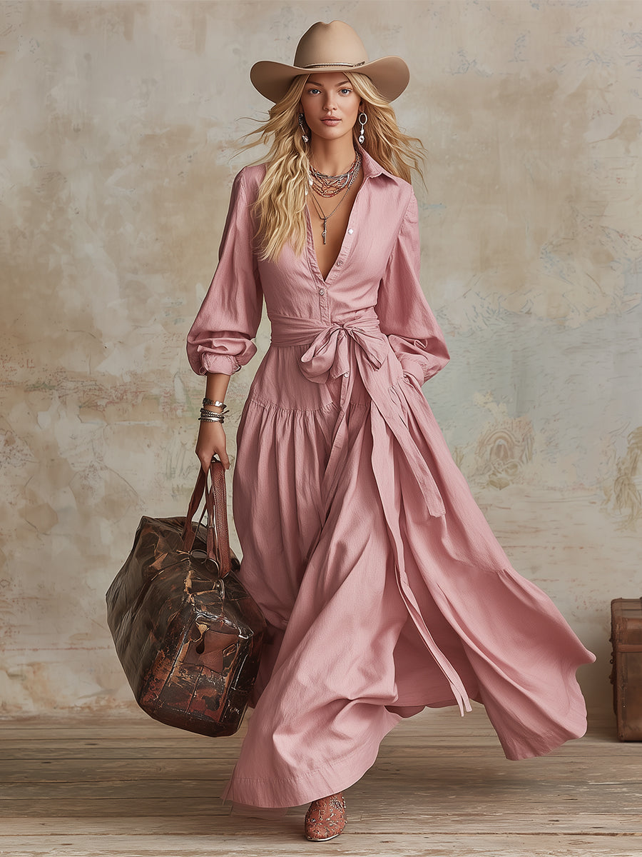 Elegant Urban Pink Collared Cotton-linen Maxi Dress