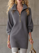 Exquisite Casual Lapel Front Zipper Three-quarter Sleeve Gray Waffle Mini Dress