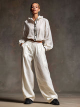 Casual Retro White Cotton And Linen Hooded Drawstring Top And Wide-leg Pants Set
