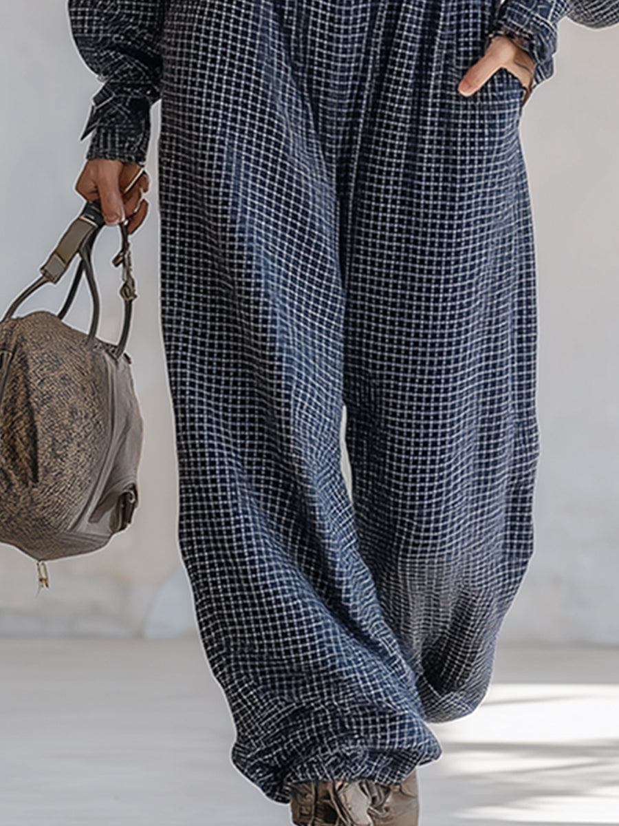 Casual And Stylish Navy Blue Checkered Long-sleeved Wide-leg Jumpsuit