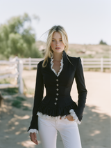 Elegant Black Cotton And Linen Blend LongWith Lace Detailing Coat