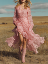 Romantic Bohemian V-neck Irregular Hem Pink Lace Maxi Dress