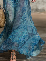 Elegant Blue Paisley Print Off-the-shoulder Maxi Dress