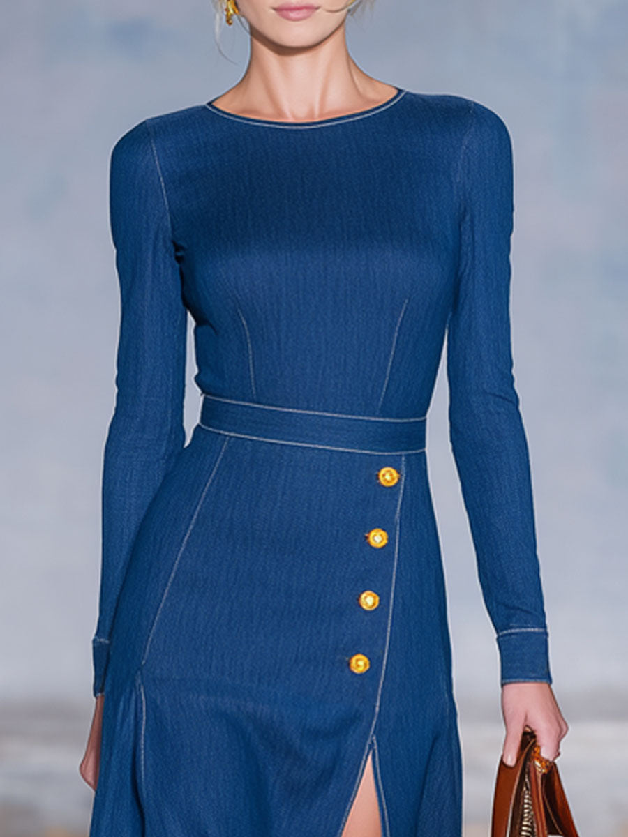 Retro Round Neck Side Slit Denim Long-sleeved Midi Dress
